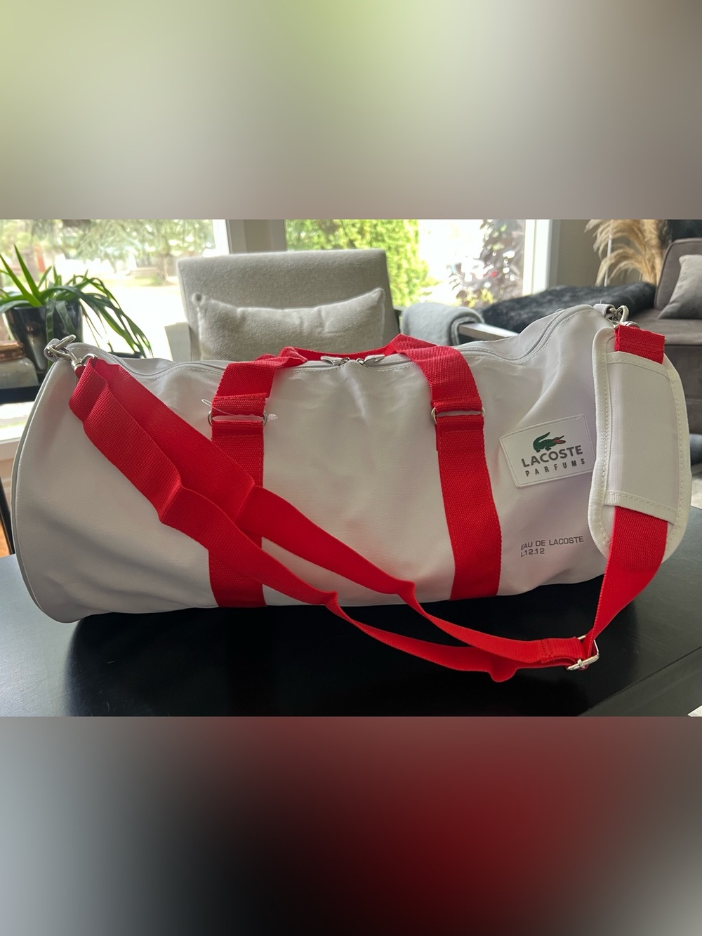 Lacoste White Duffel Bag with Red Straps